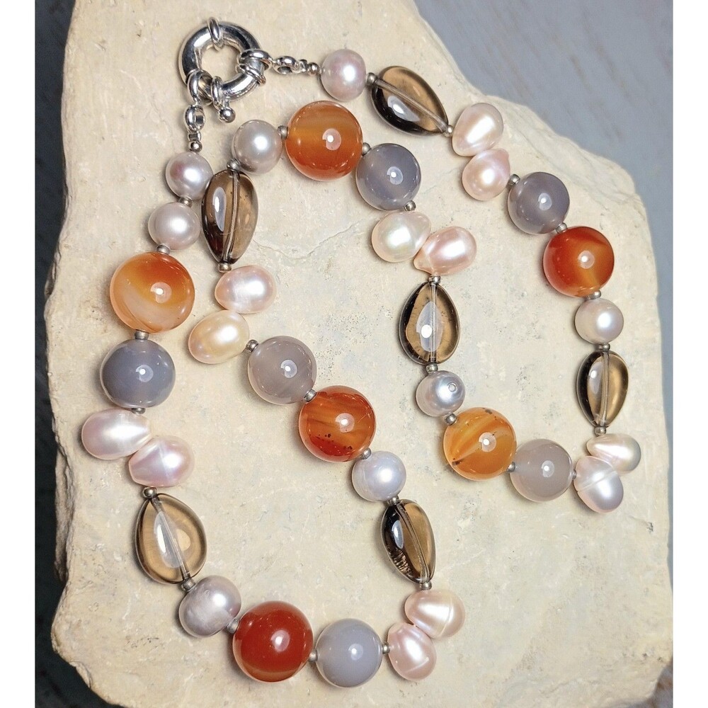 Carnelian Banded Agate Freshwater Pearl Smokey Quartz Beaded Necklace